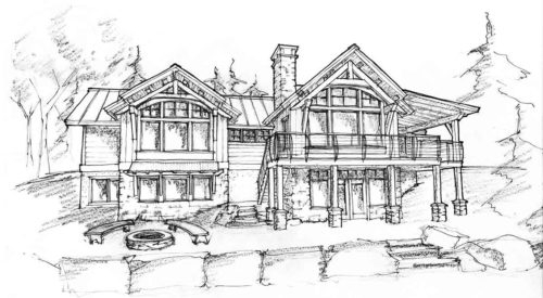 Hand drawn sketch of back deck under extended gable roof