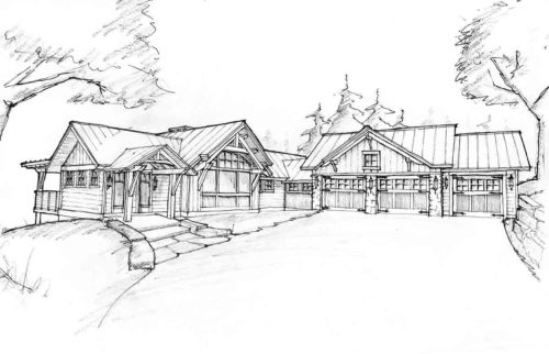 Hand drawn sketch of front porch and connected garage